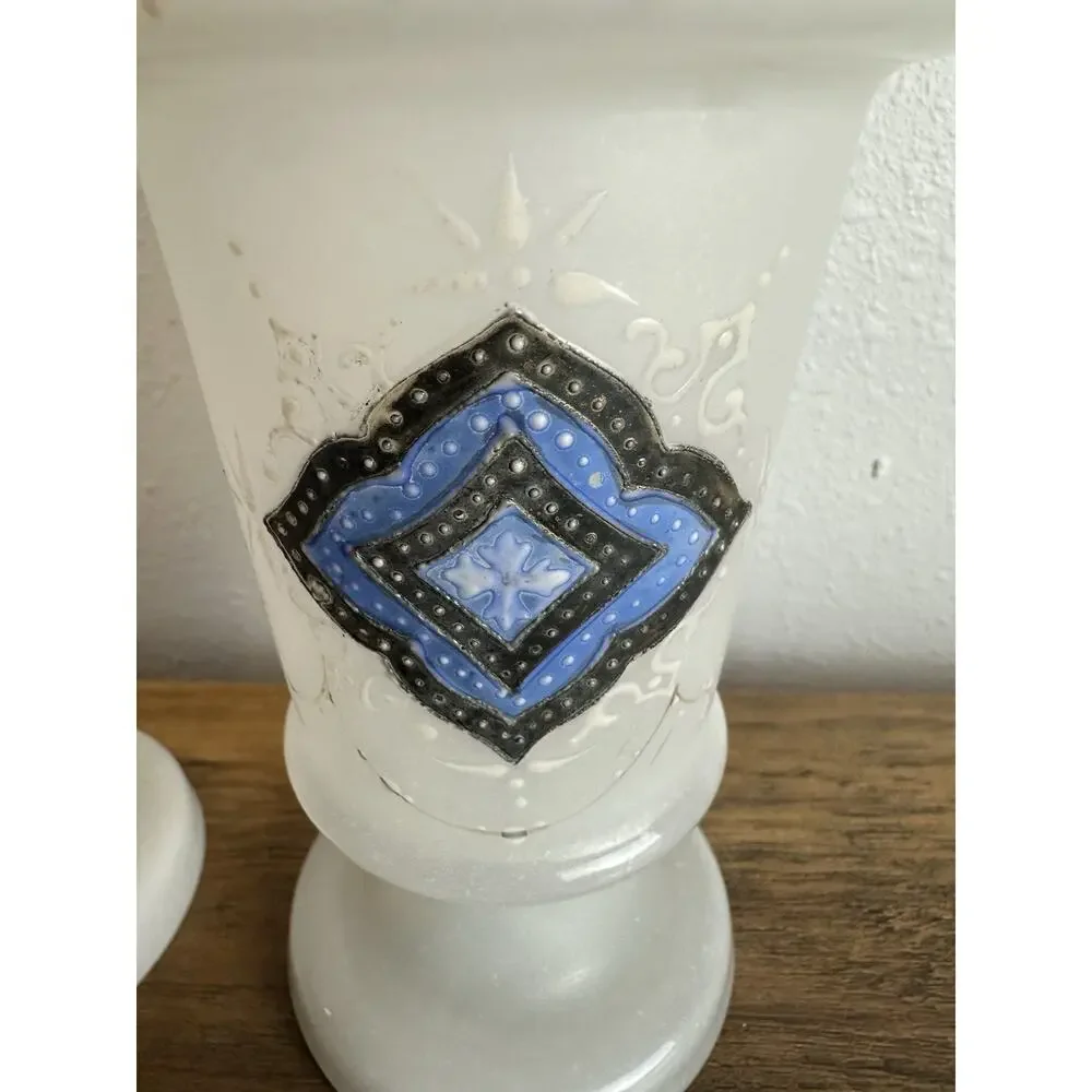 Vintage Pair Milk Glass Vases Blue Diamond Motif Ruffled Rim Art Glass